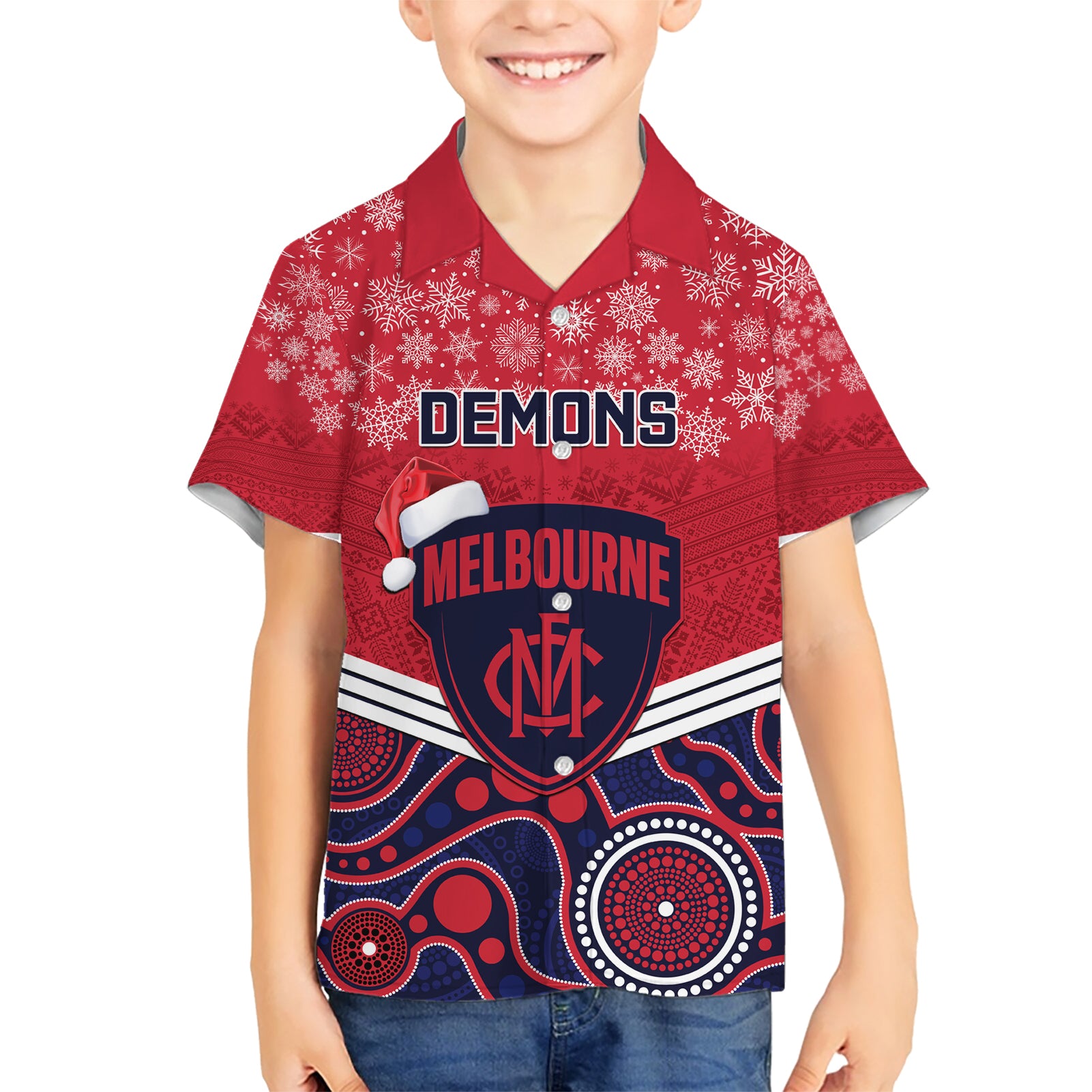 Custom Melbourne Football Christmas Hawaiian Shirt Merry Xmas 2023 Mix Aboriginal Art - Vibe Hoodie Shop