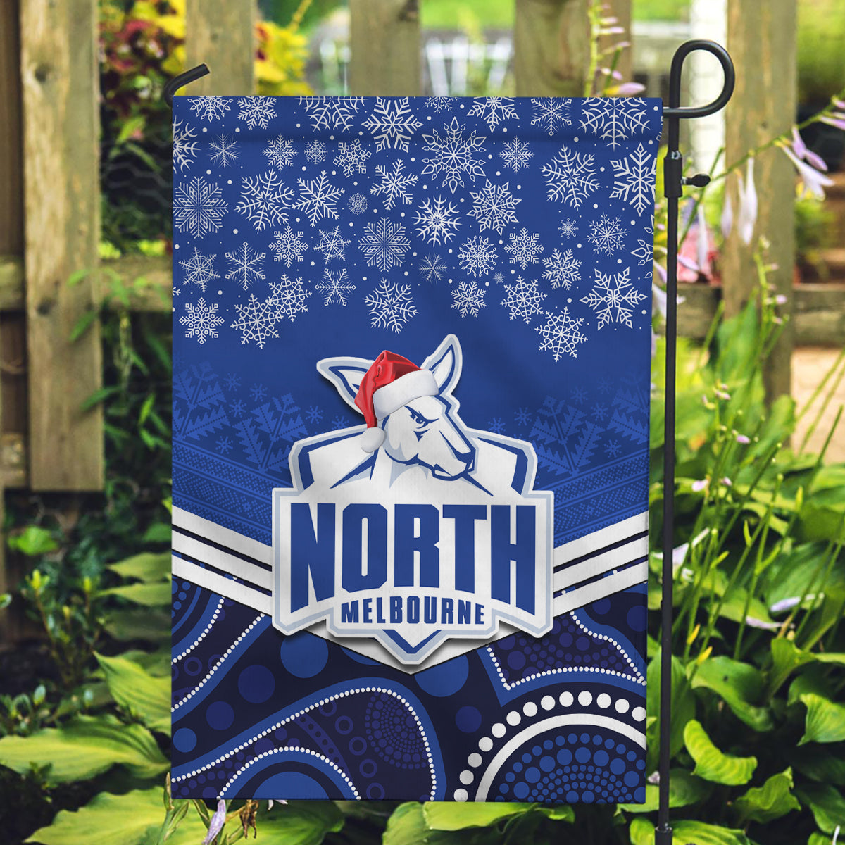 North Melbourne Football Christmas Garden Flag Merry Xmas 2023 Mix Aboriginal Art - Vibe Hoodie Shop