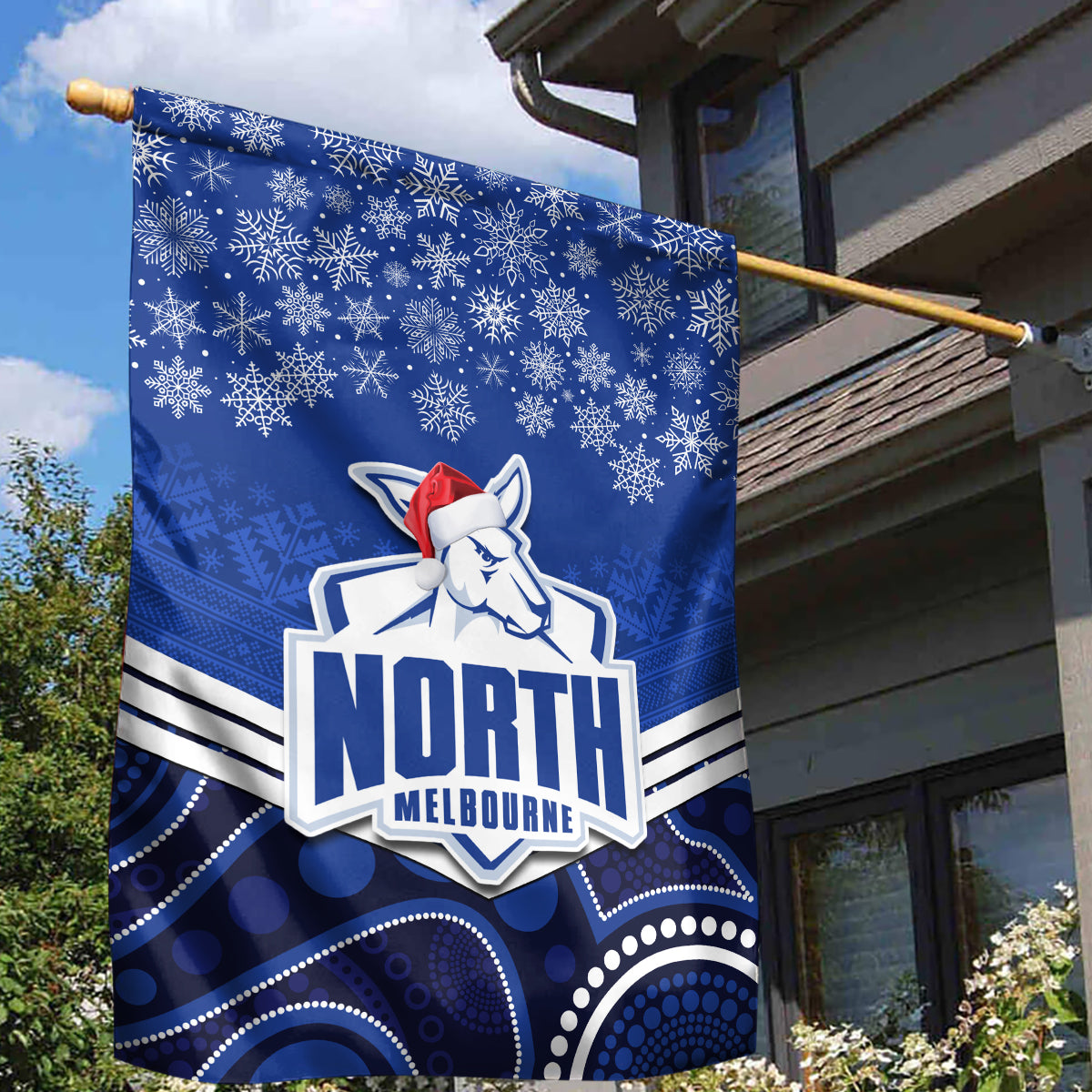 North Melbourne Football Christmas Garden Flag Merry Xmas 2023 Mix Aboriginal Art - Vibe Hoodie Shop