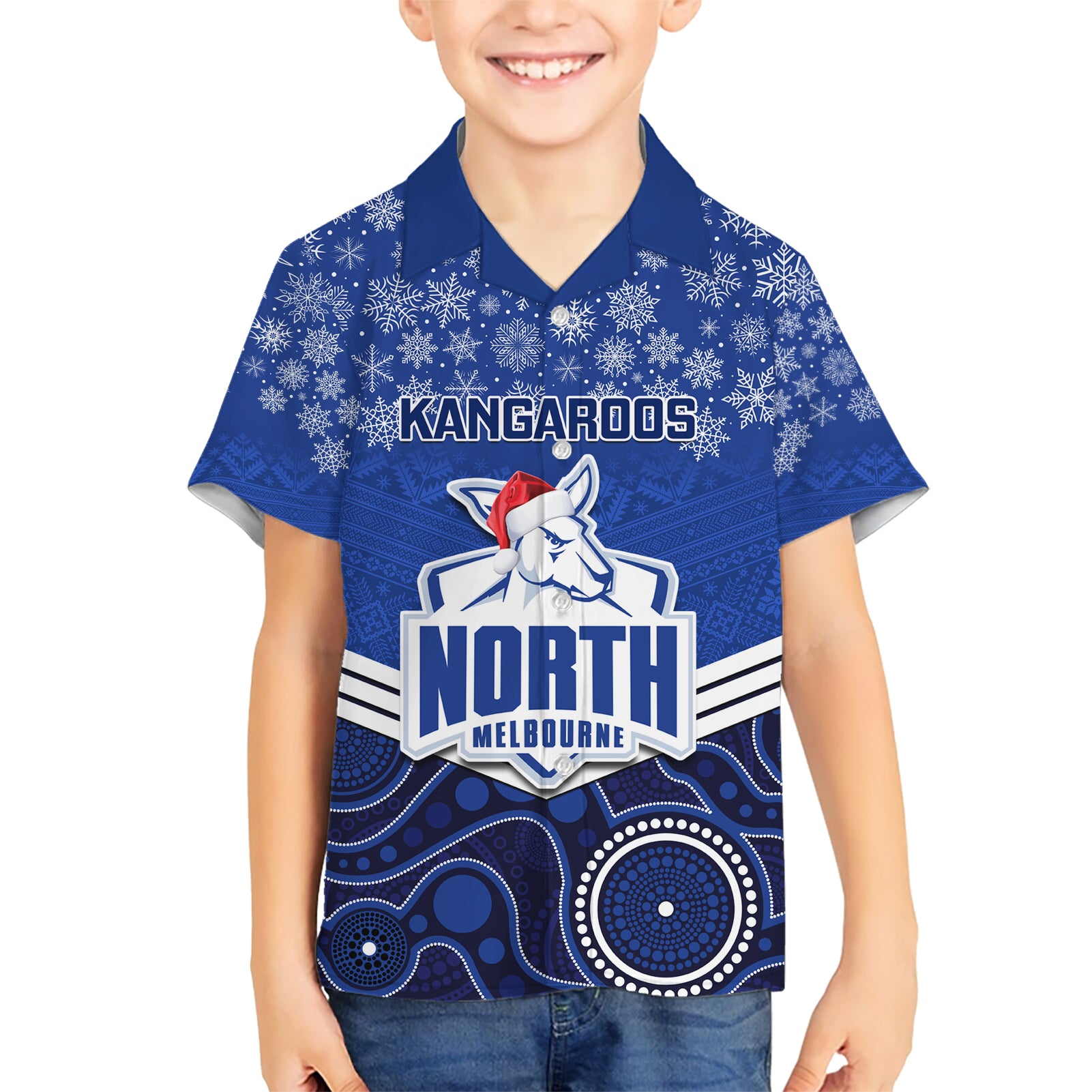 Custom North Melbourne Football Christmas Hawaiian Shirt Merry Xmas 2023 Mix Aboriginal Art - Vibe Hoodie Shop