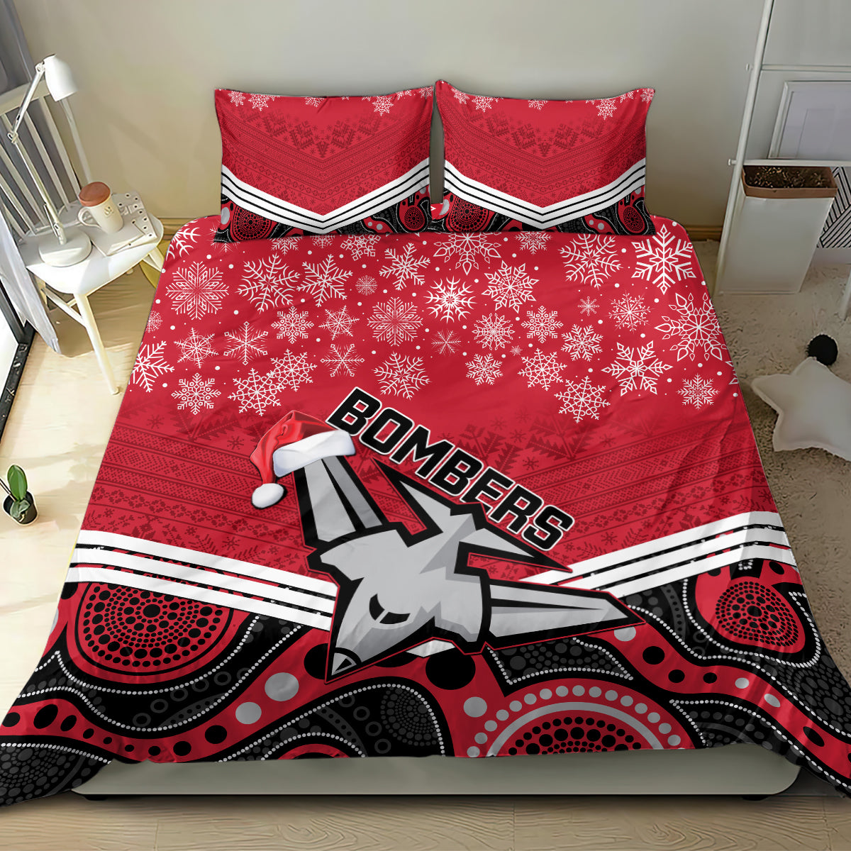 Essendon Football Christmas Bedding Set Merry Xmas 2023 Mix Aboriginal Art - Vibe Hoodie Shop