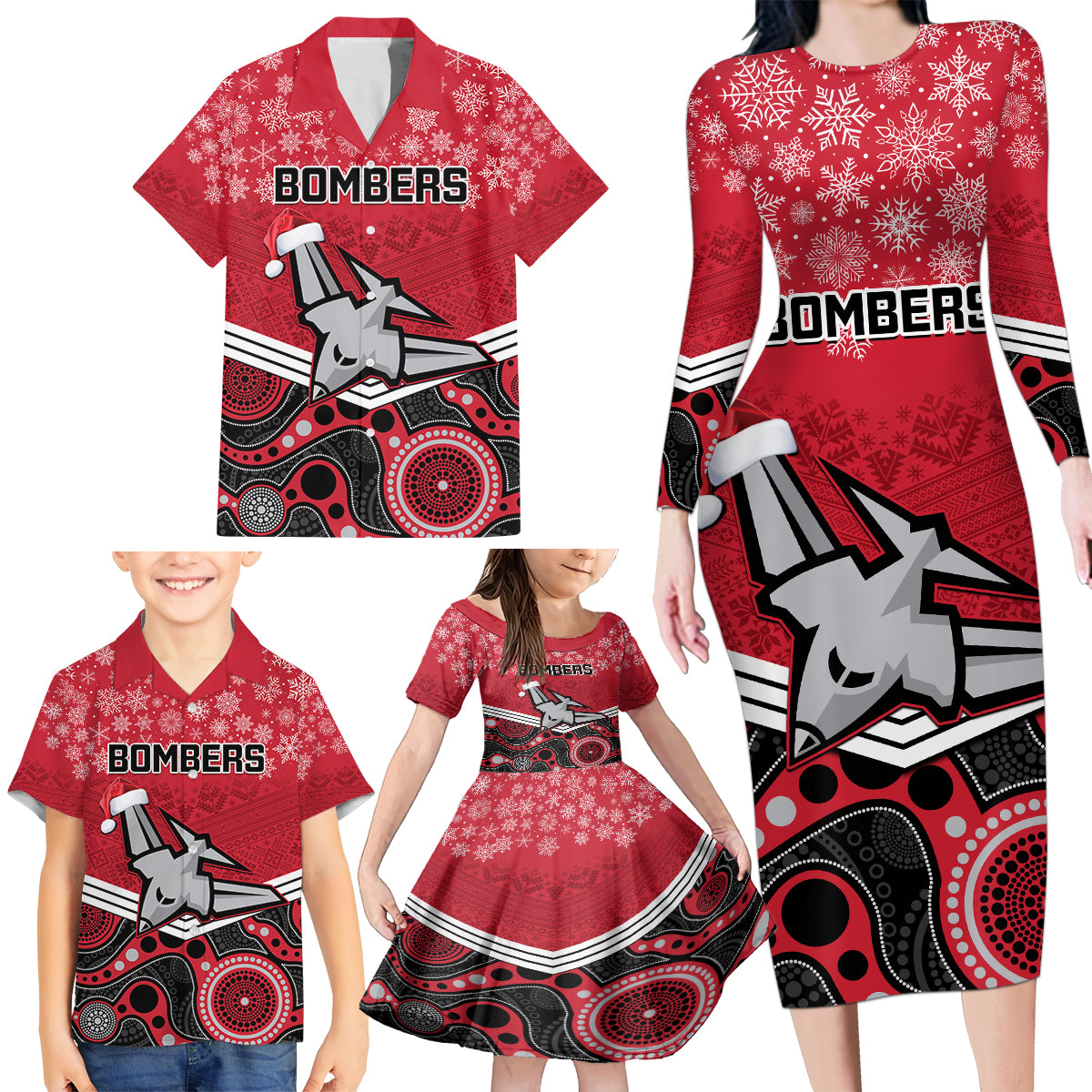 custom-essendon-football-christmas-family-matching-long-sleeve-bodycon-dress-and-hawaiian-shirt-merry-xmas-2023-mix-aboriginal-art