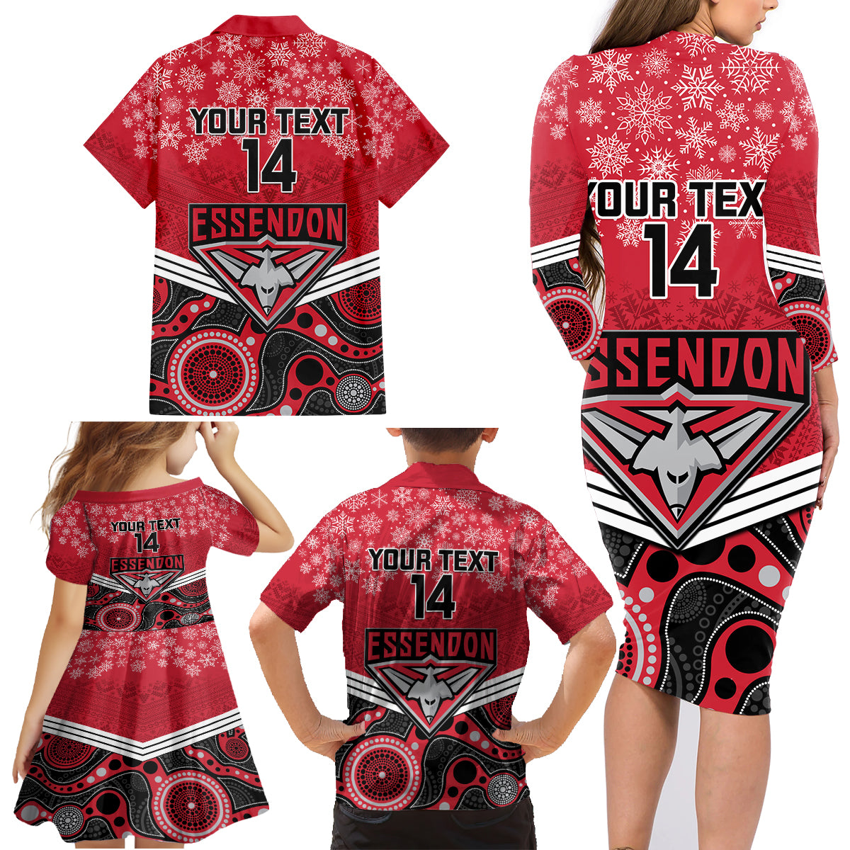 custom-essendon-football-christmas-family-matching-long-sleeve-bodycon-dress-and-hawaiian-shirt-merry-xmas-2023-mix-aboriginal-art