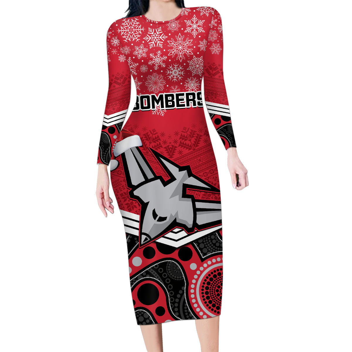 custom-essendon-football-christmas-family-matching-long-sleeve-bodycon-dress-and-hawaiian-shirt-merry-xmas-2023-mix-aboriginal-art