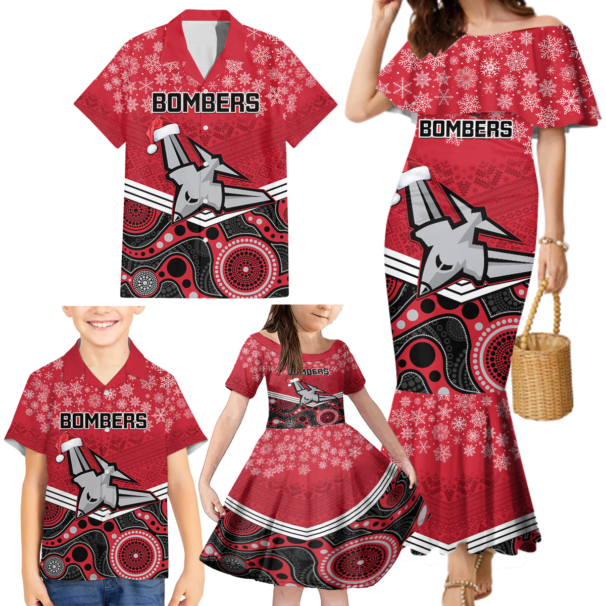 custom-essendon-football-christmas-family-matching-mermaid-dress-and-hawaiian-shirt-merry-xmas-2023-mix-aboriginal-art