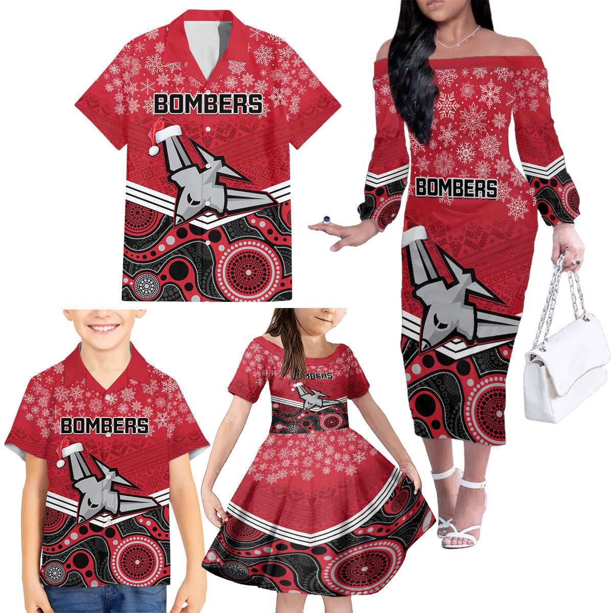 custom-essendon-football-christmas-family-matching-off-shoulder-long-sleeve-dress-and-hawaiian-shirt-merry-xmas-2023-mix-aboriginal-art