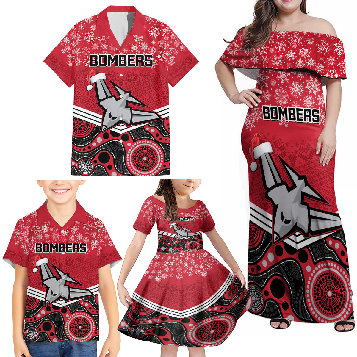 custom-essendon-football-christmas-family-matching-off-shoulder-maxi-dress-and-hawaiian-shirt-merry-xmas-2023-mix-aboriginal-art