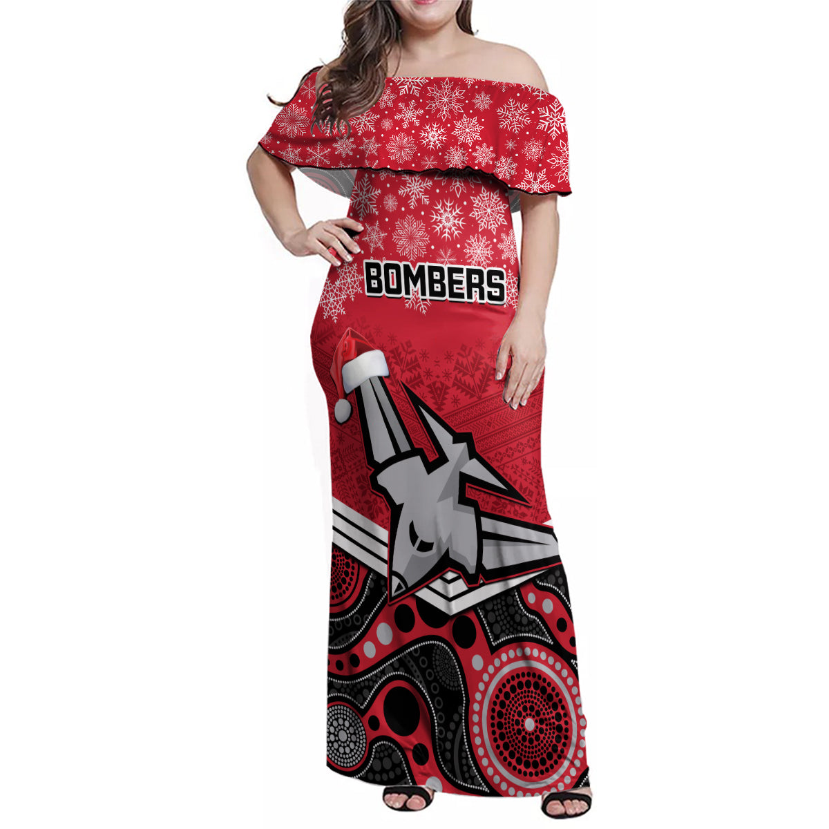 custom-essendon-football-christmas-family-matching-off-shoulder-maxi-dress-and-hawaiian-shirt-merry-xmas-2023-mix-aboriginal-art