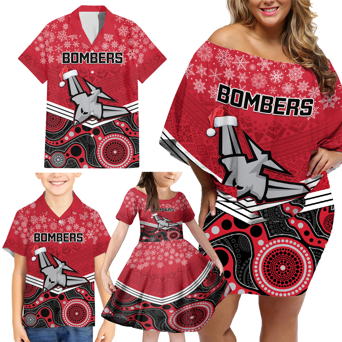 custom-essendon-football-christmas-family-matching-off-shoulder-short-dress-and-hawaiian-shirt-merry-xmas-2023-mix-aboriginal-art