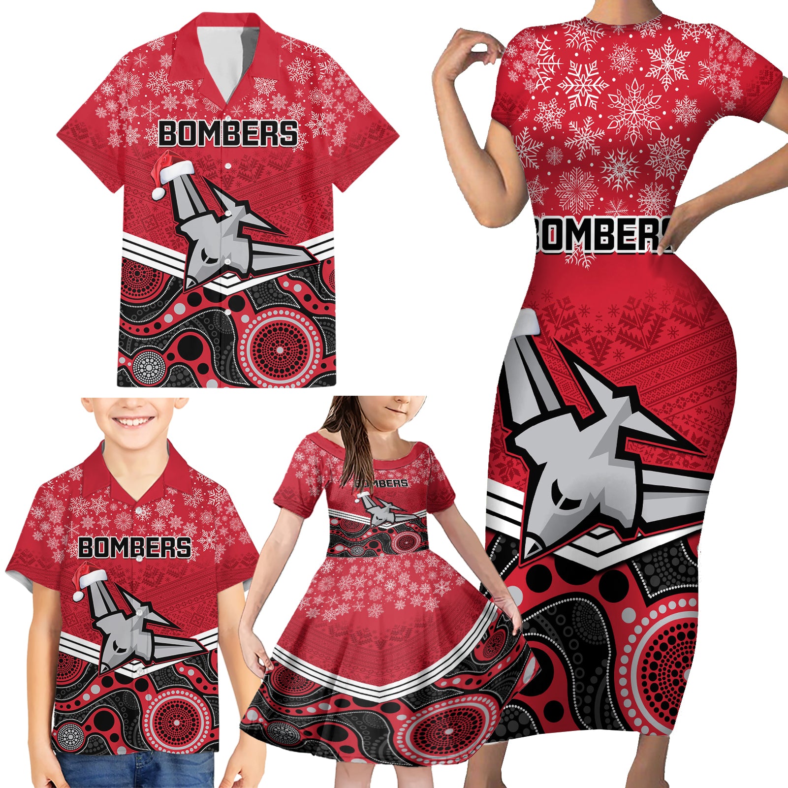 custom-essendon-football-christmas-family-matching-short-sleeve-bodycon-dress-and-hawaiian-shirt-merry-xmas-2023-mix-aboriginal-art