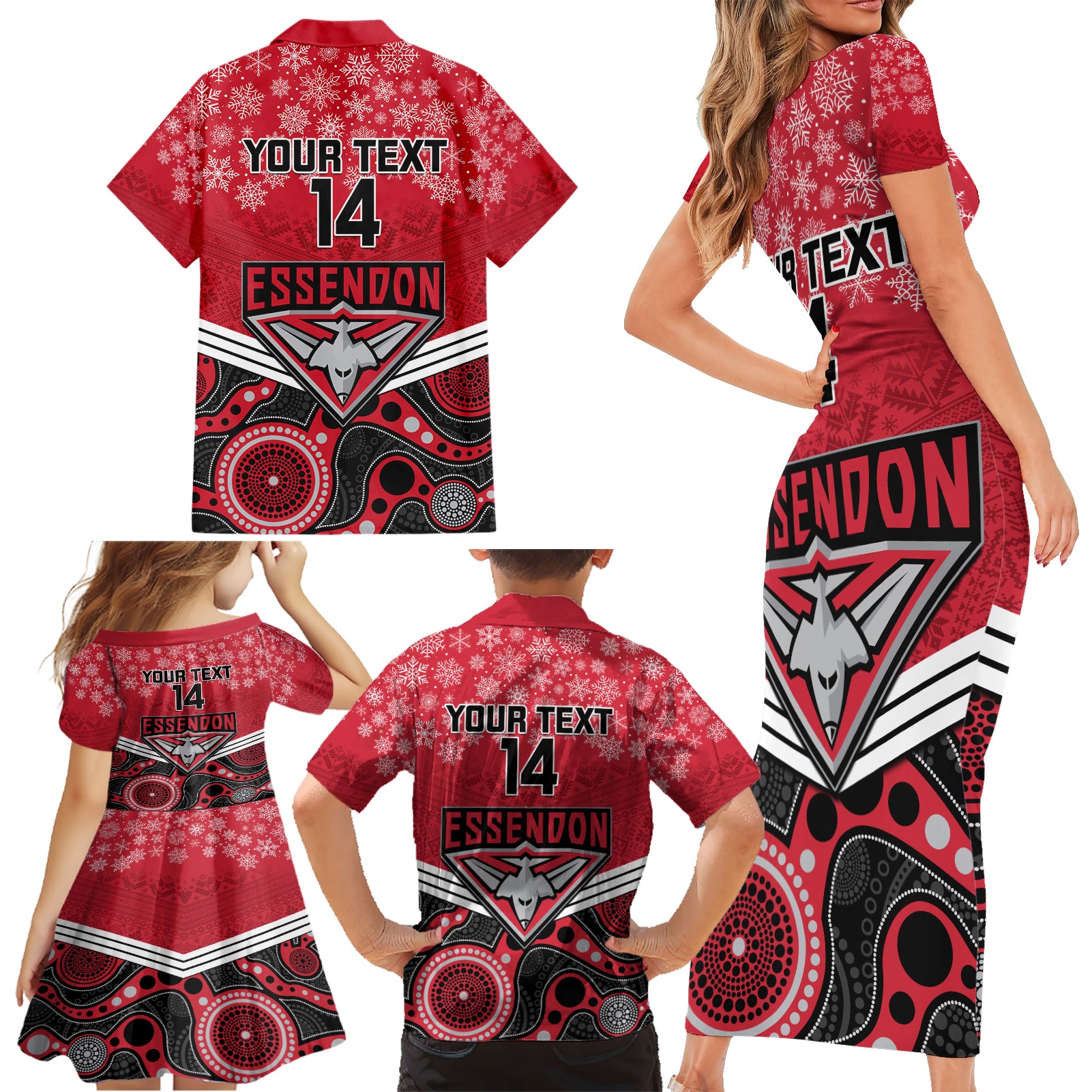 custom-essendon-football-christmas-family-matching-short-sleeve-bodycon-dress-and-hawaiian-shirt-merry-xmas-2023-mix-aboriginal-art