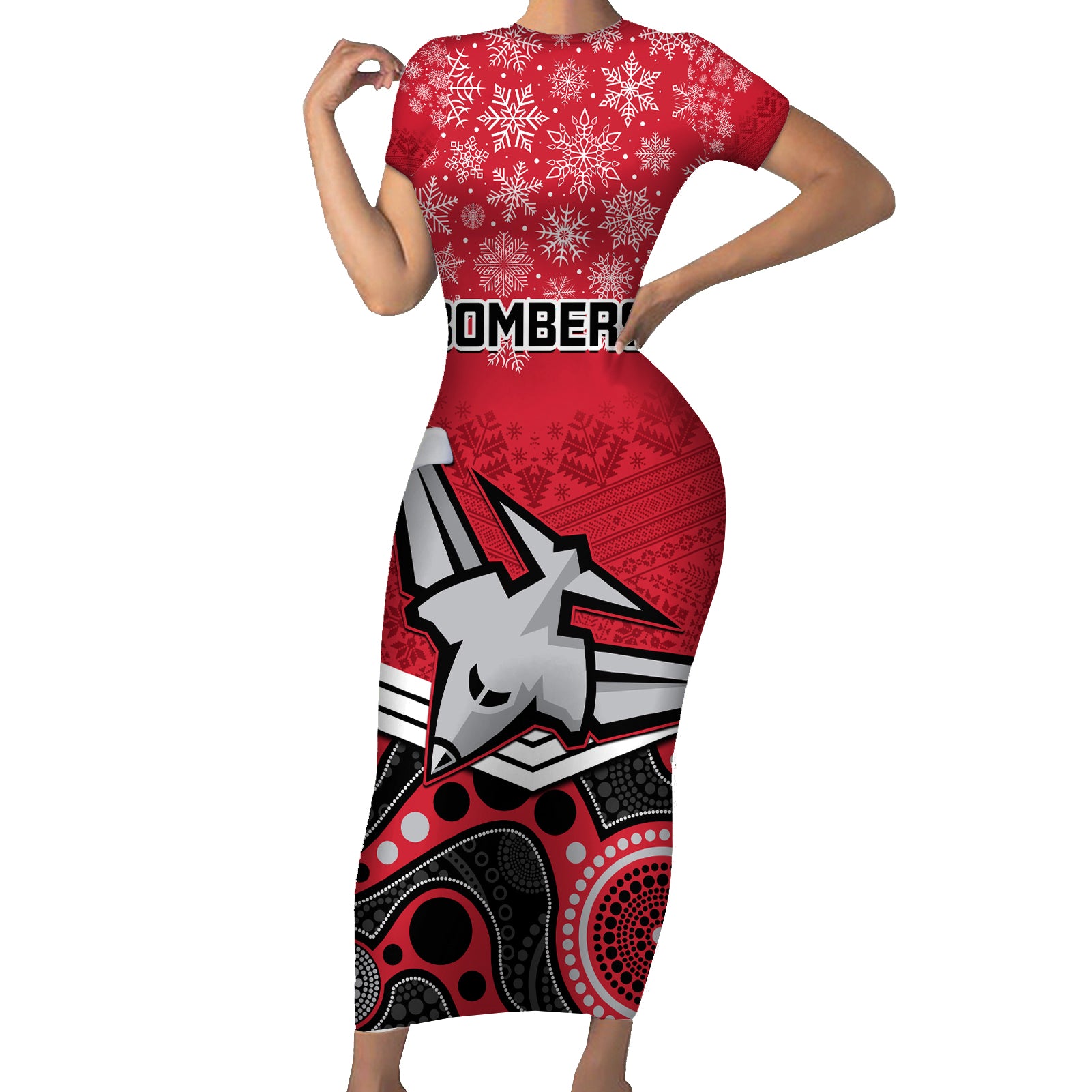 custom-essendon-football-christmas-family-matching-short-sleeve-bodycon-dress-and-hawaiian-shirt-merry-xmas-2023-mix-aboriginal-art