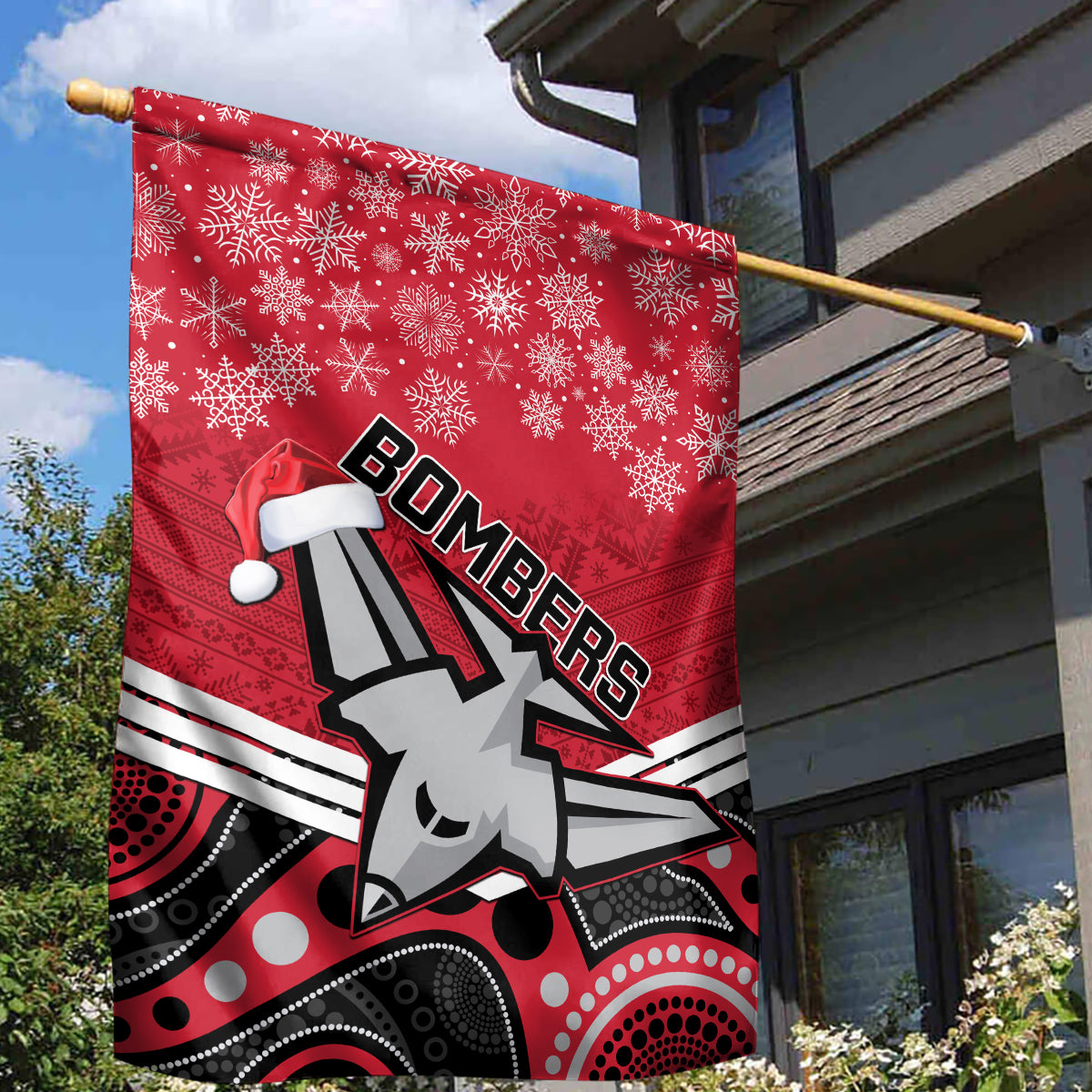 Essendon Football Christmas Garden Flag Merry Xmas 2023 Mix Aboriginal Art - Vibe Hoodie Shop