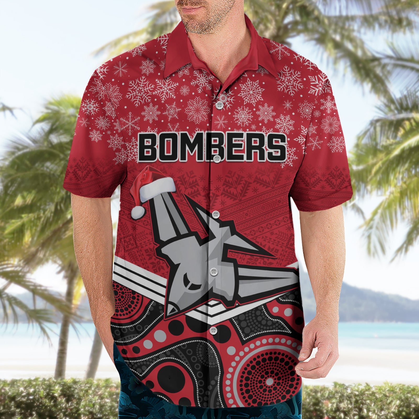 Custom Essendon Football Christmas Hawaiian Shirt Merry Xmas 2023 Mix Aboriginal Art - Vibe Hoodie Shop