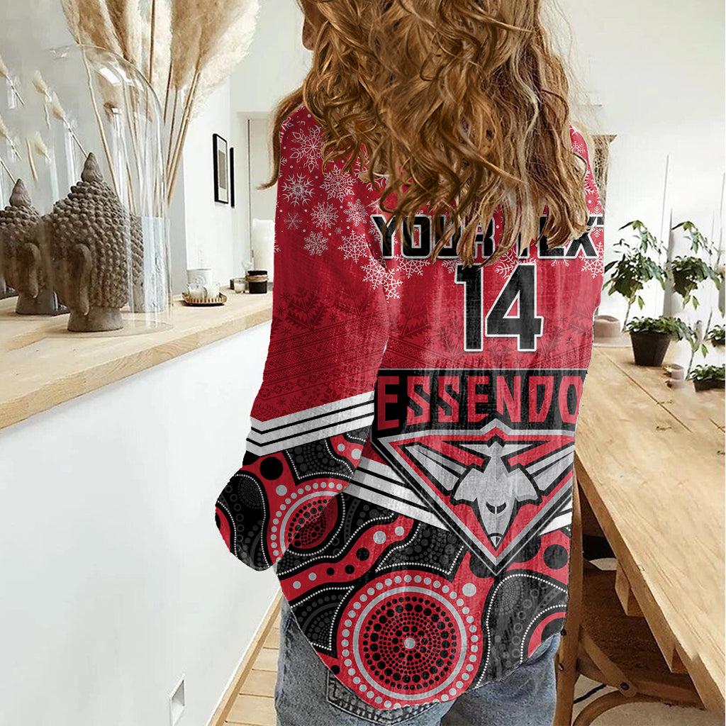 Custom Essendon Football Christmas Women Casual Shirt Merry Xmas 2023 Mix Aboriginal Art - Vibe Hoodie Shop
