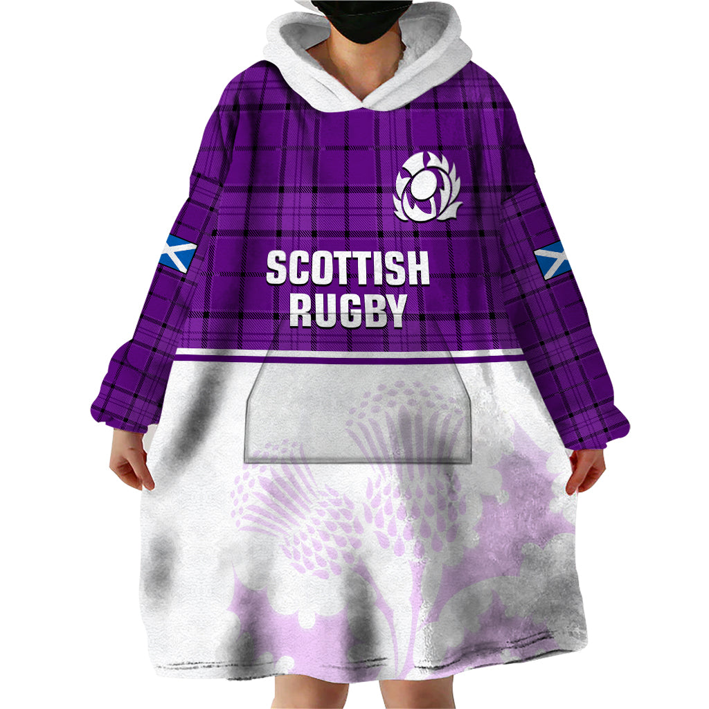 Scotland Rugby Wearable Blanket Hoodie Thistle Mix Tartan Scottish Map Sporty Version Purple - Vibe Hoodie Shop