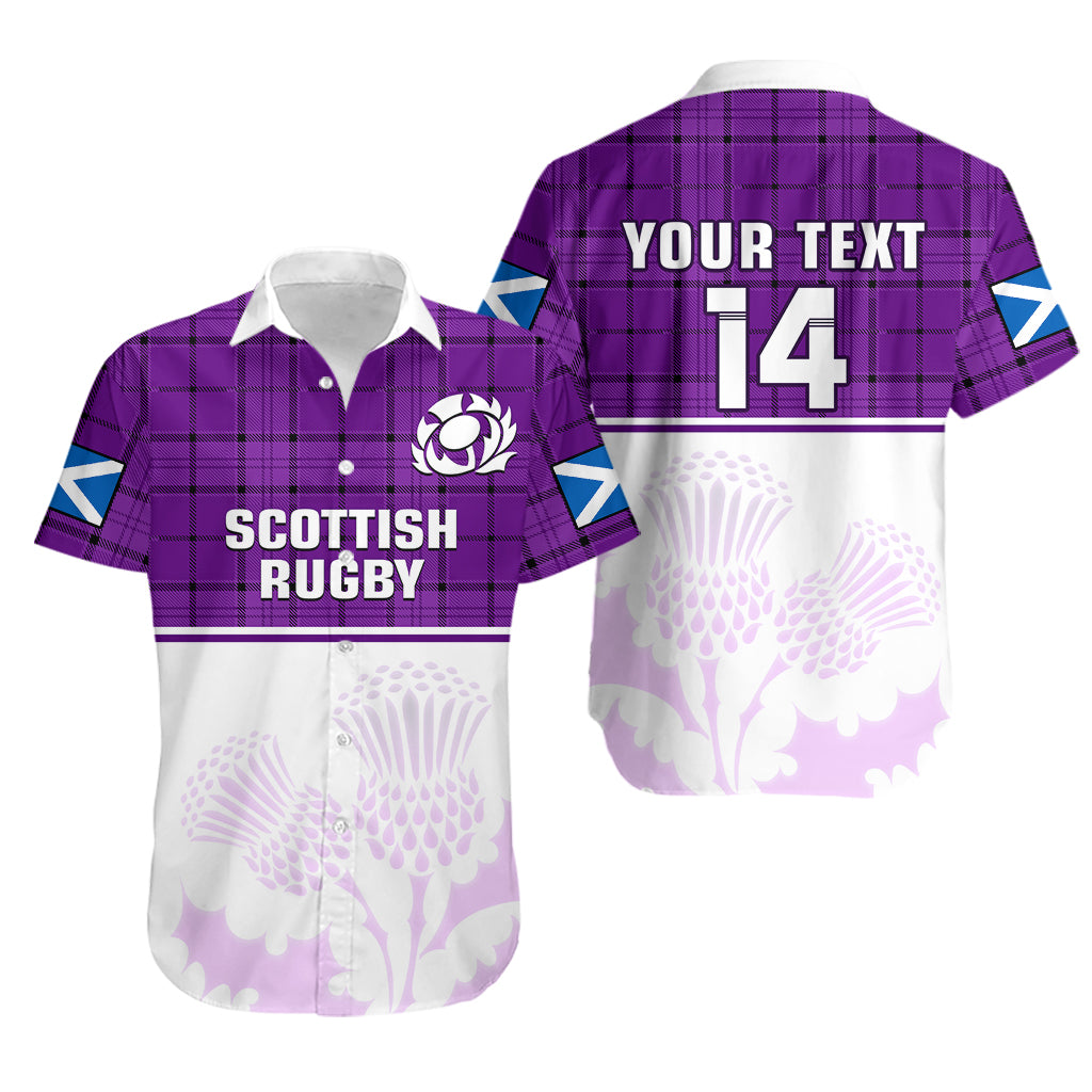 (Custom Text And Number) Scotland Rugby Hawaiian Shirt Thistle Mix Tartan Scottish Map Sporty Version Purple - Vibe Hoodie Shop