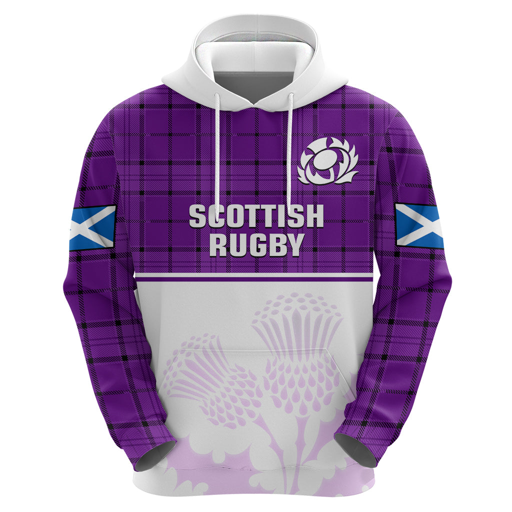 (Custom Text And Number) Scotland Rugby Hoodie Thistle Mix Tartan Scottish Map Sporty Version Purple - Vibe Hoodie Shop