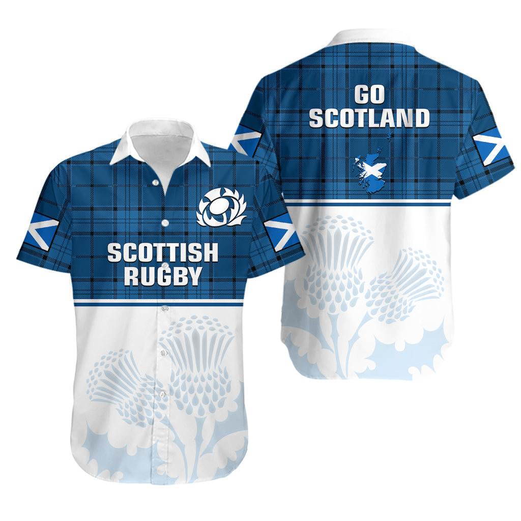 Scotland Rugby Hawaiian Shirt Thistle Mix Tartan Scottish Map Sporty Version Blue - Vibe Hoodie Shop