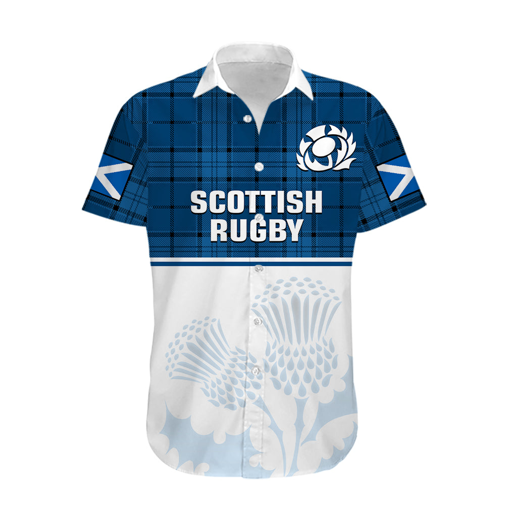 Scotland Rugby Hawaiian Shirt Thistle Mix Tartan Scottish Map Sporty Version Blue - Vibe Hoodie Shop
