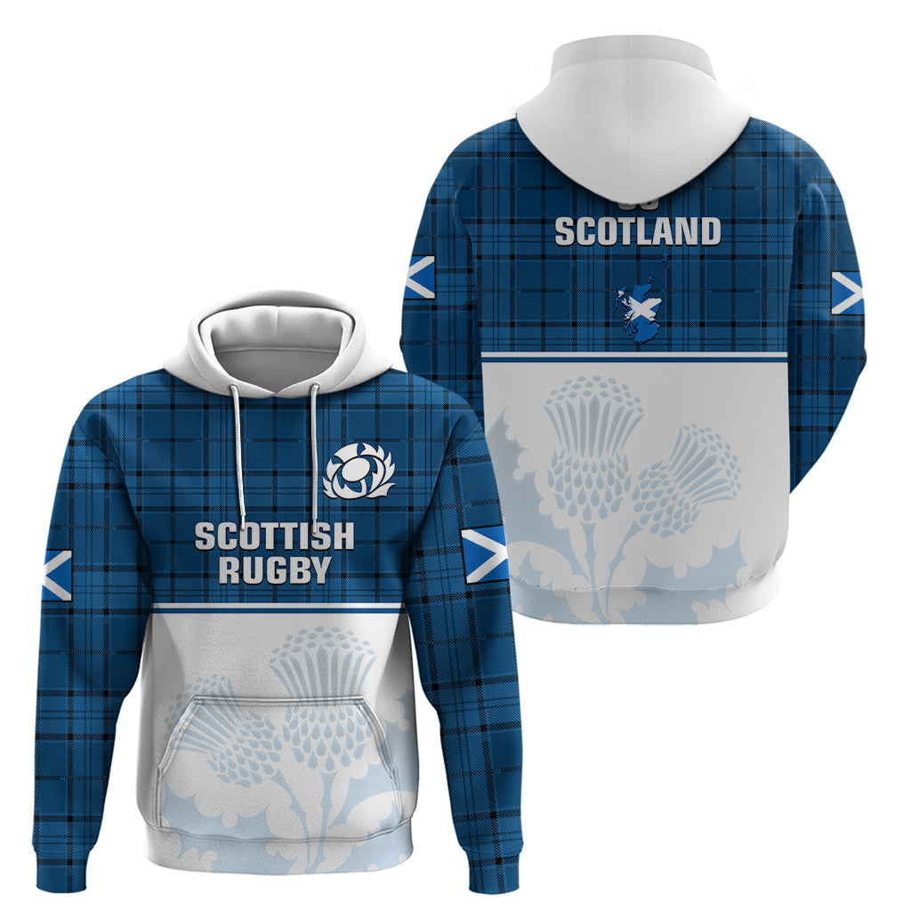 Scotland Rugby Hoodie Thistle Mix Tartan Scottish Map Sporty Version Blue - Vibe Hoodie Shop