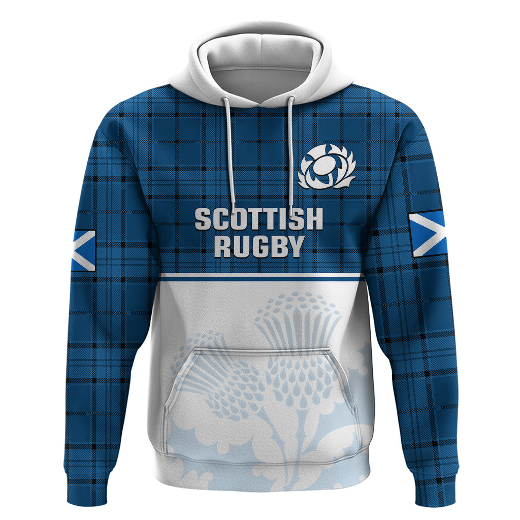 Scotland Rugby Hoodie Thistle Mix Tartan Scottish Map Sporty Version Blue - Vibe Hoodie Shop