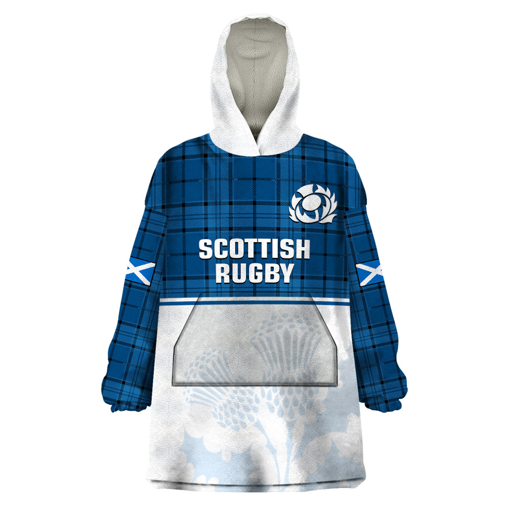 Scotland Rugby Wearable Blanket Hoodie Thistle Mix Tartan Scottish Map Sporty Version Blue - Vibe Hoodie Shop