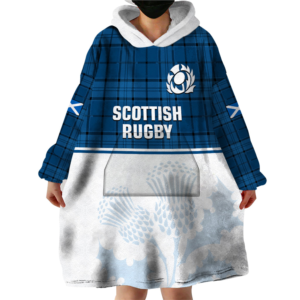 Scotland Rugby Wearable Blanket Hoodie Thistle Mix Tartan Scottish Map Sporty Version Blue - Vibe Hoodie Shop