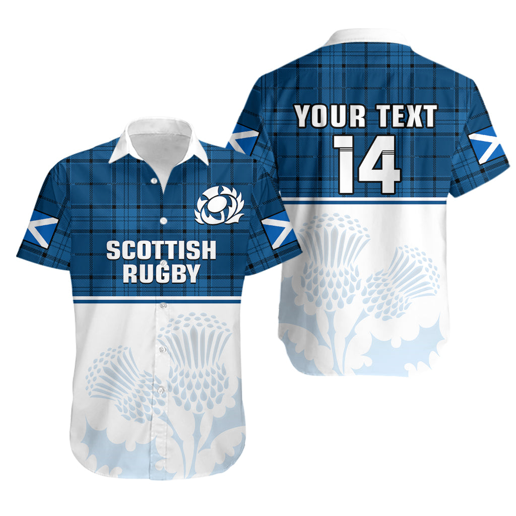 (Custom Text And Number) Scotland Rugby Hawaiian Shirt Thistle Mix Tartan Scottish Map Sporty Version Blue - Vibe Hoodie Shop