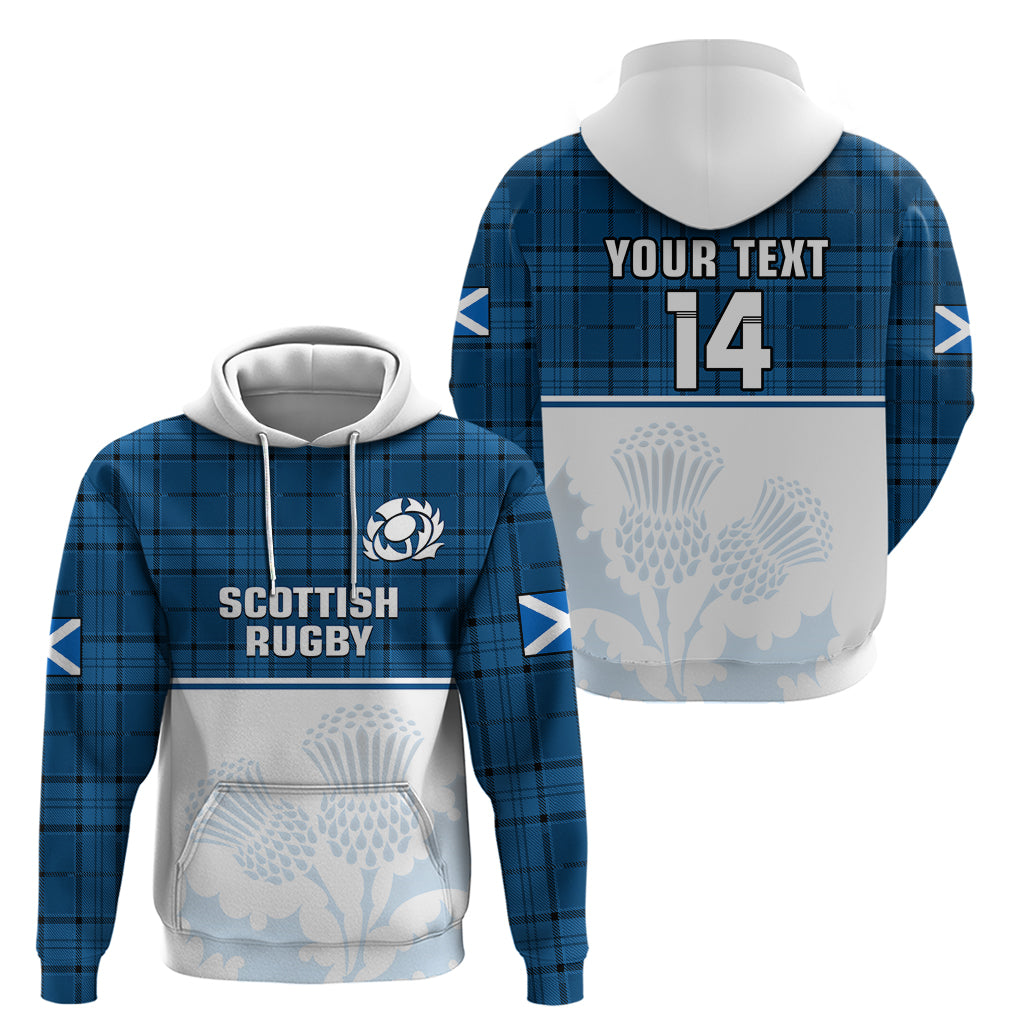 (Custom Text And Number) Scotland Rugby Hoodie Thistle Mix Tartan Scottish Map Sporty Version Blue - Vibe Hoodie Shop