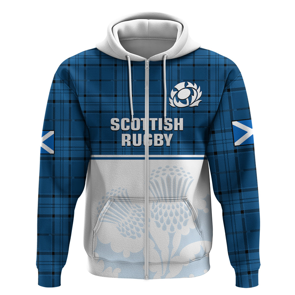 (Custom Text And Number) Scotland Rugby Hoodie Thistle Mix Tartan Scottish Map Sporty Version Blue - Vibe Hoodie Shop