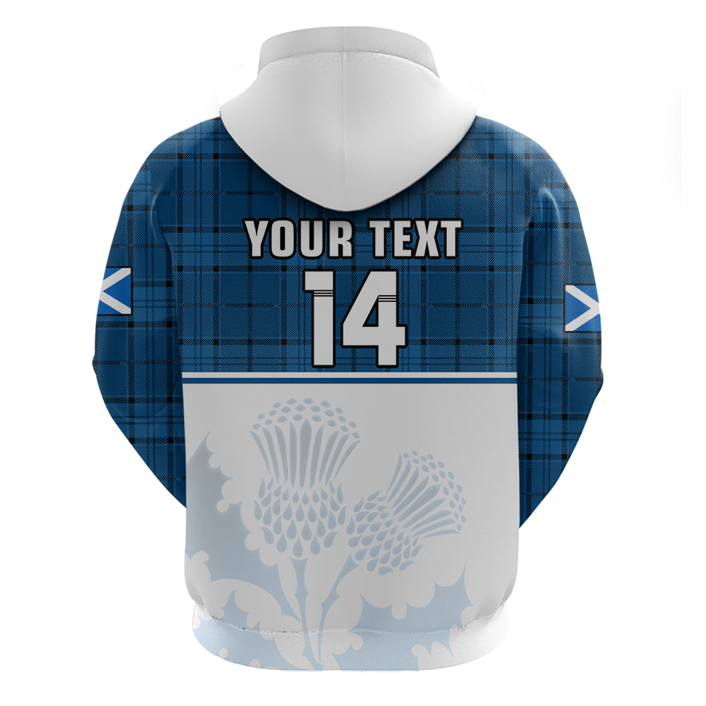 (Custom Text And Number) Scotland Rugby Hoodie Thistle Mix Tartan Scottish Map Sporty Version Blue - Vibe Hoodie Shop