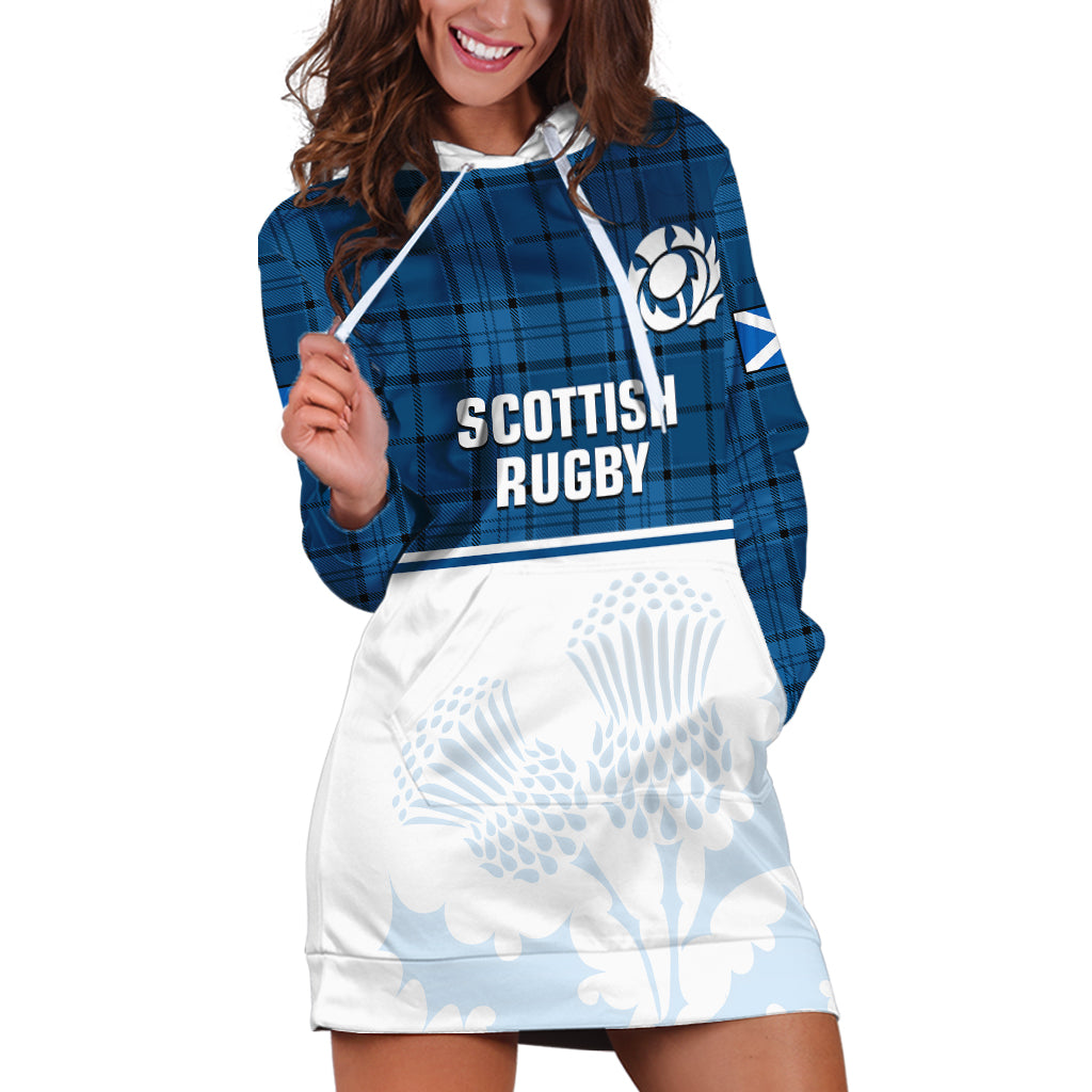 (Custom Text And Number) Scotland Rugby Hoodie Dress Thistle Mix Tartan Scottish Map Sporty Version Blue - Vibe Hoodie Shop