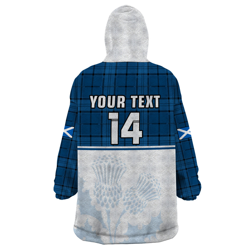 (Custom Text And Number) Scotland Rugby Wearable Blanket Hoodie Thistle Mix Tartan Scottish Map Sporty Version Blue - Vibe Hoodie Shop