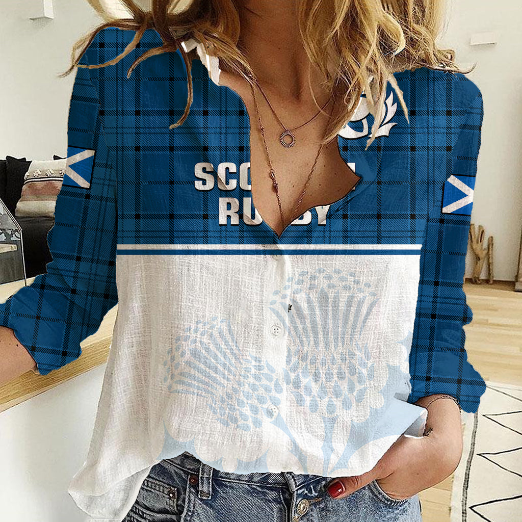 (Custom Text And Number) Scotland Rugby Women Casual Shirt Thistle Mix Tartan Scottish Map Sporty Version Blue - Vibe Hoodie Shop