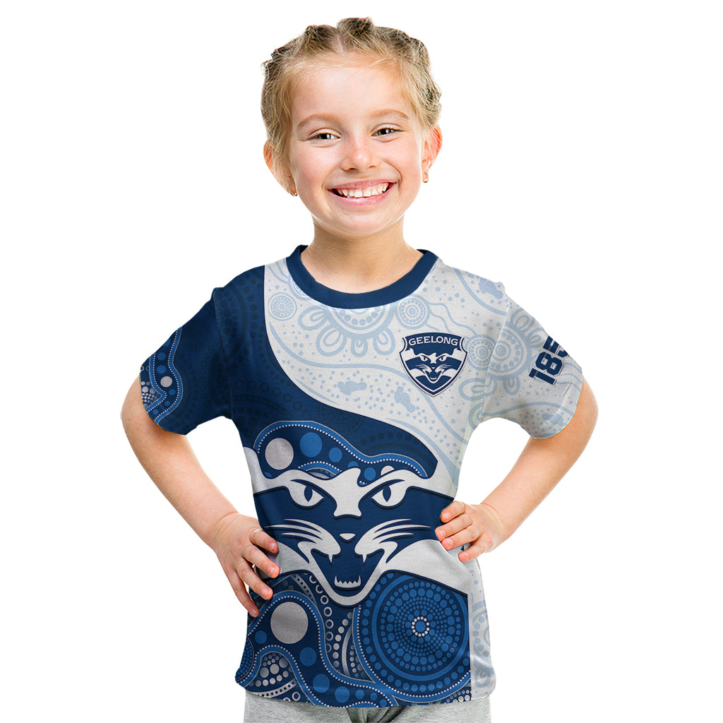 Personalised Geelong Football Kid T Shirt Go Cats Indigenous Art - Vibe Hoodie Shop