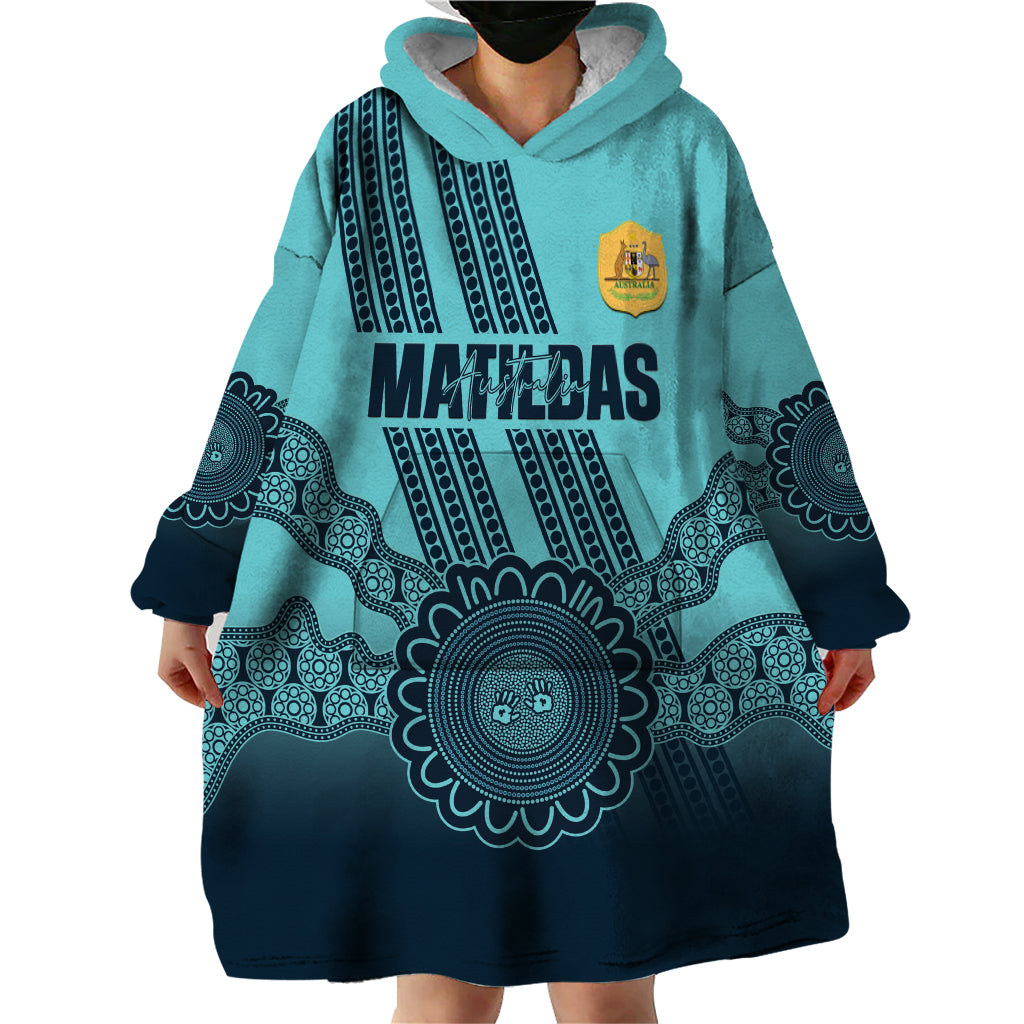 Custom Australia Matildas Wearable Blanket Hoodie Aussie Aboriginal Turquoise Version - Vibe Hoodie Shop