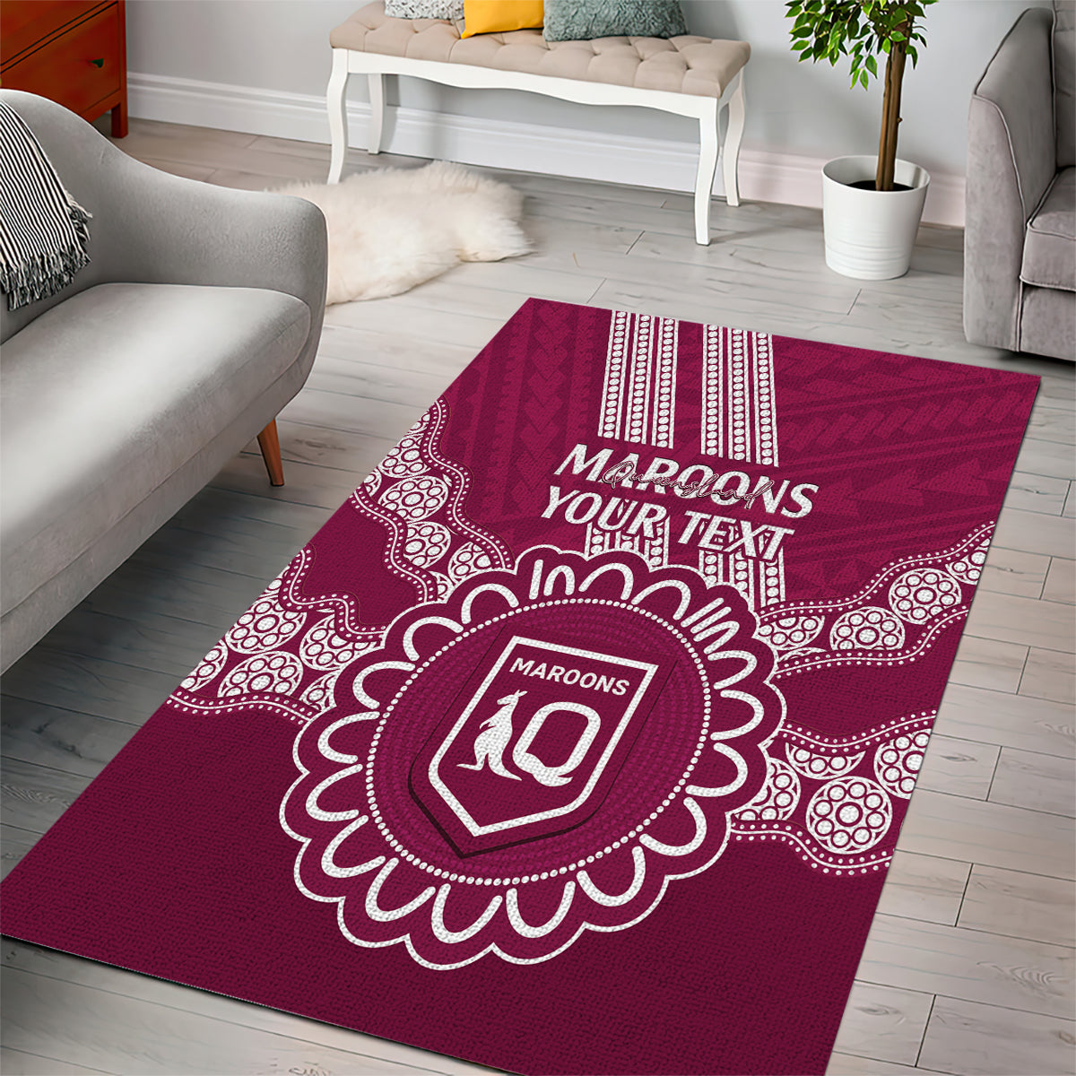 Custom QLD Maroons Rugby Area Rug Aussie Aboriginal Mix Polynesian Pattern - Vibe Hoodie Shop