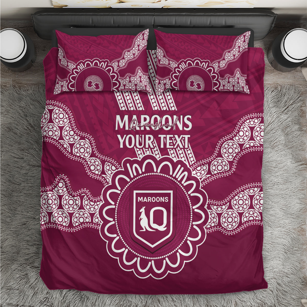 Custom QLD Maroons Rugby Bedding Set Aussie Aboriginal Mix Polynesian Pattern - Vibe Hoodie Shop