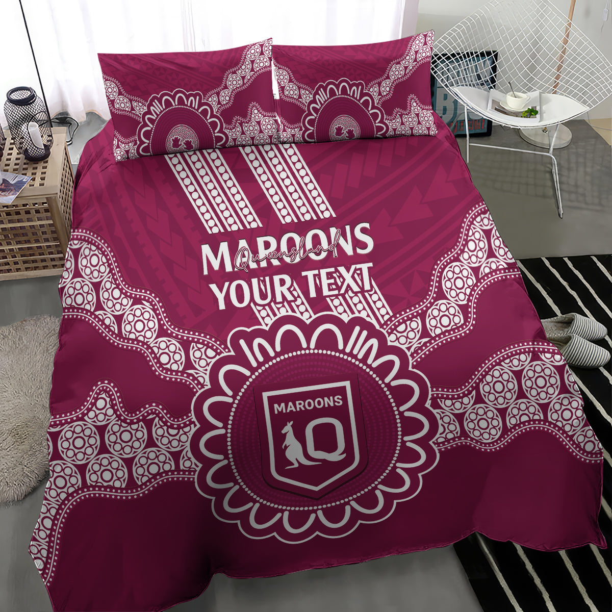 Custom QLD Maroons Rugby Bedding Set Aussie Aboriginal Mix Polynesian Pattern - Vibe Hoodie Shop