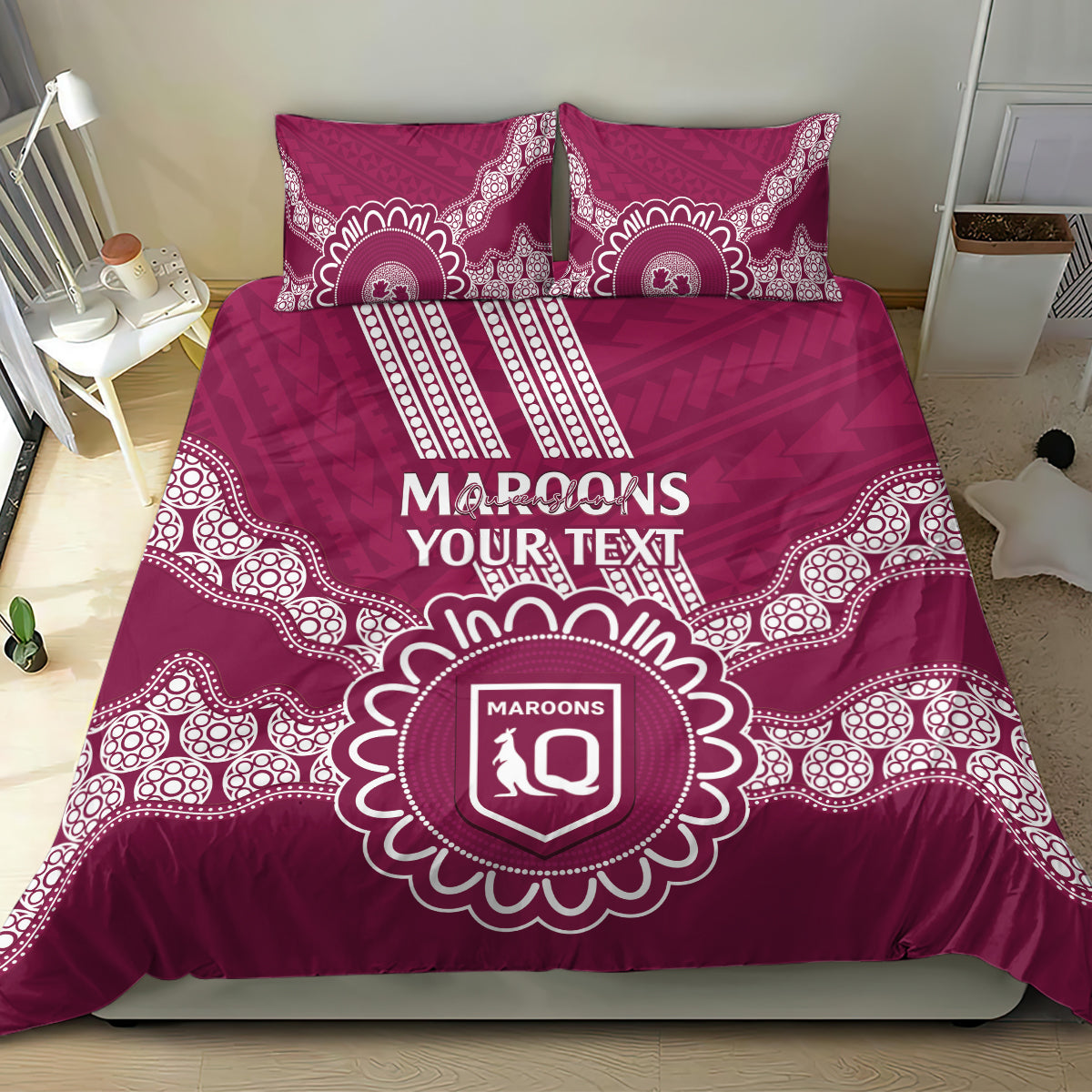 Custom QLD Maroons Rugby Bedding Set Aussie Aboriginal Mix Polynesian Pattern - Vibe Hoodie Shop