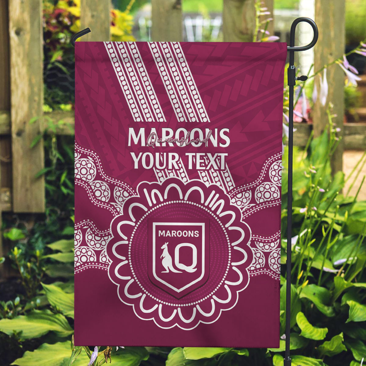 Custom QLD Maroons Rugby Garden Flag Aussie Aboriginal Mix Polynesian Pattern - Vibe Hoodie Shop