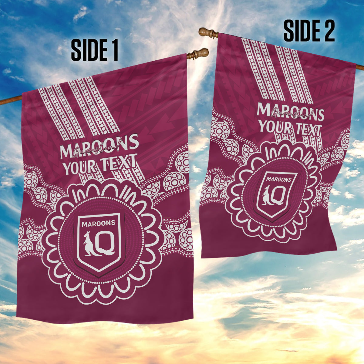 Custom QLD Maroons Rugby Garden Flag Aussie Aboriginal Mix Polynesian Pattern - Vibe Hoodie Shop