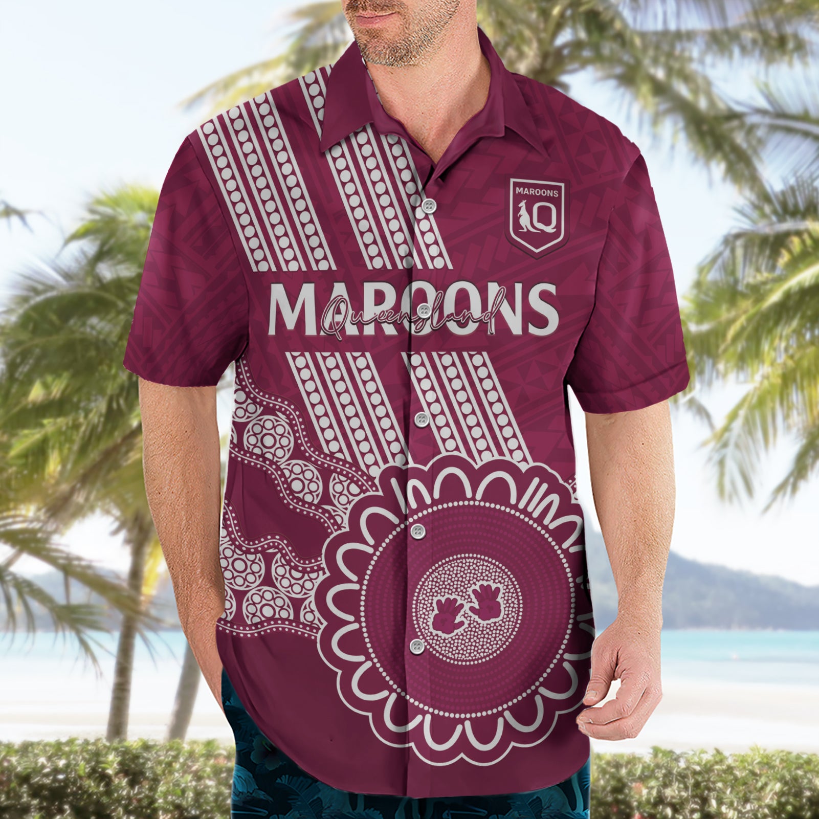 Custom QLD Maroons Rugby Hawaiian Shirt Aussie Aboriginal Mix Polynesian Pattern - Vibe Hoodie Shop