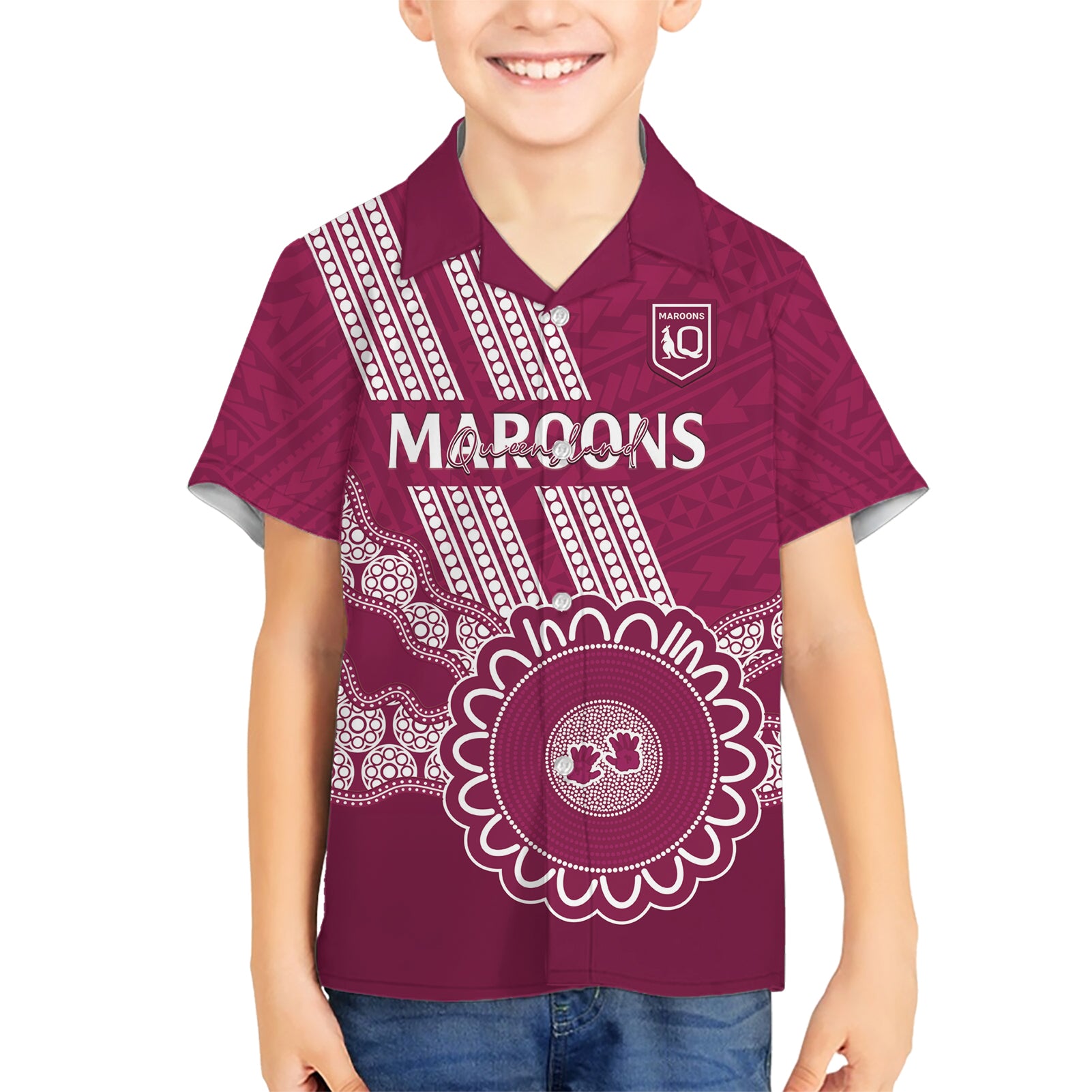 Custom QLD Maroons Rugby Hawaiian Shirt Aussie Aboriginal Mix Polynesian Pattern - Vibe Hoodie Shop