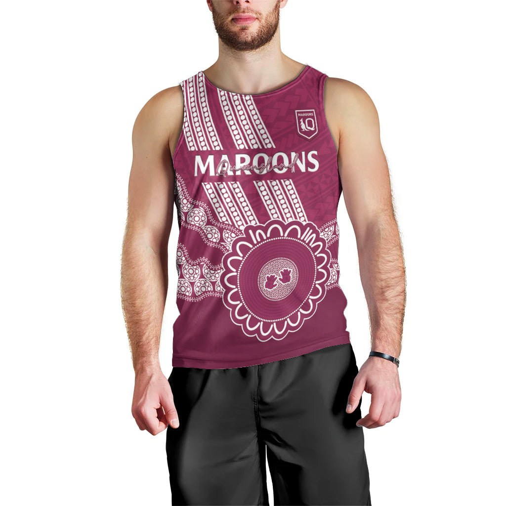 Custom QLD Maroons Rugby Men Tank Top Aussie Aboriginal Mix Polynesian Pattern - Vibe Hoodie Shop