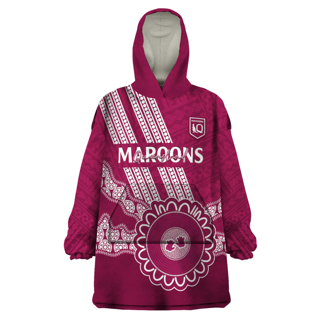 Custom QLD Maroons Rugby Wearable Blanket Hoodie Aussie Aboriginal Mix Polynesian Pattern - Vibe Hoodie Shop