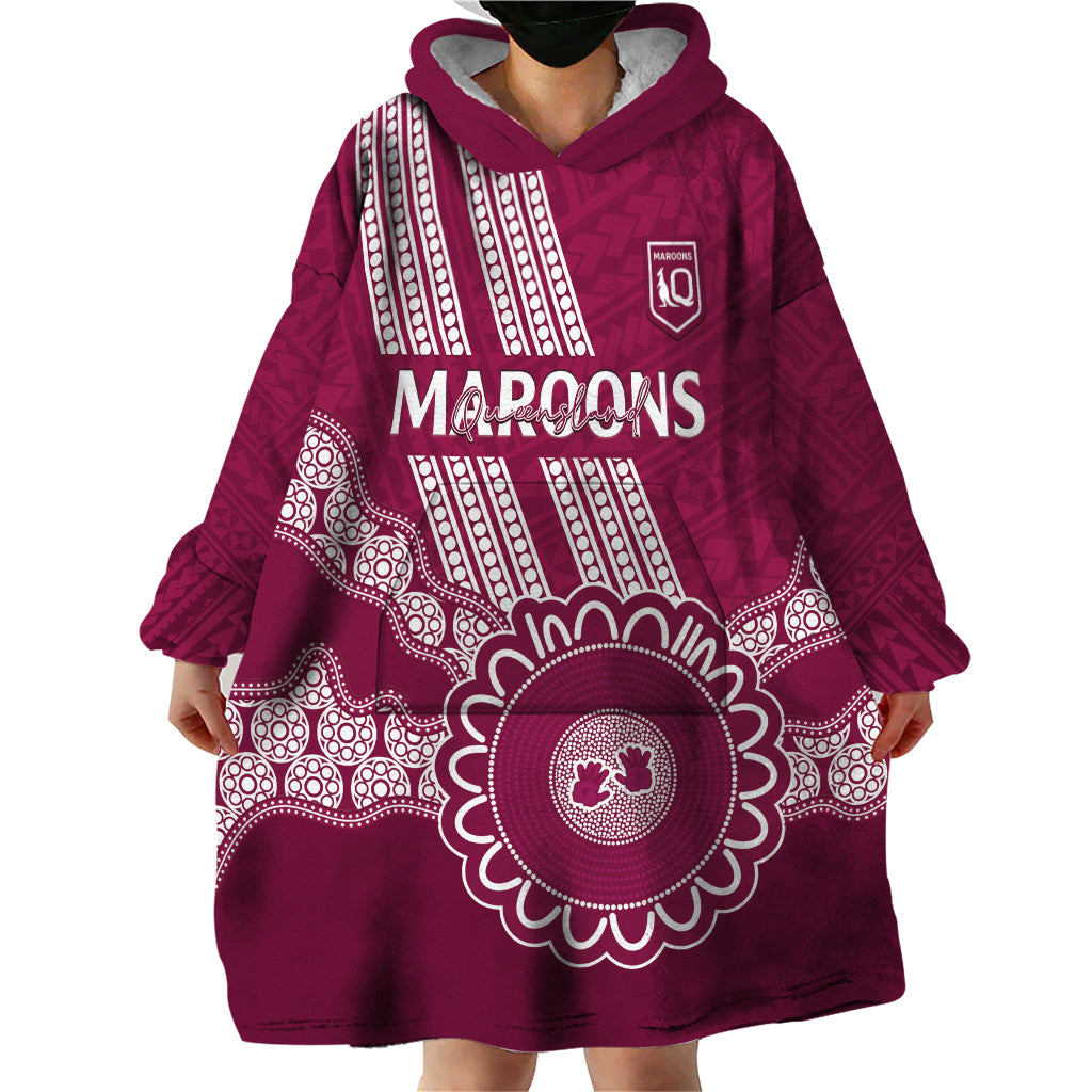 Custom QLD Maroons Rugby Wearable Blanket Hoodie Aussie Aboriginal Mix Polynesian Pattern - Vibe Hoodie Shop