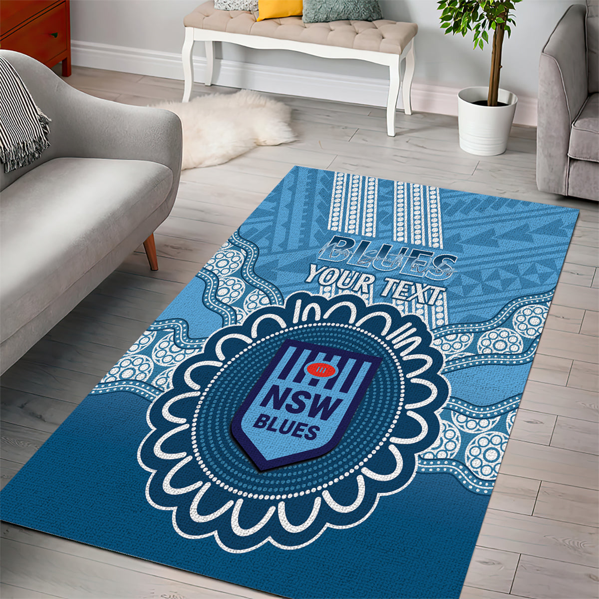 Custom NSW Blues Rugby Area Rug Aussie Aboriginal Mix Polynesian Pattern - Vibe Hoodie Shop