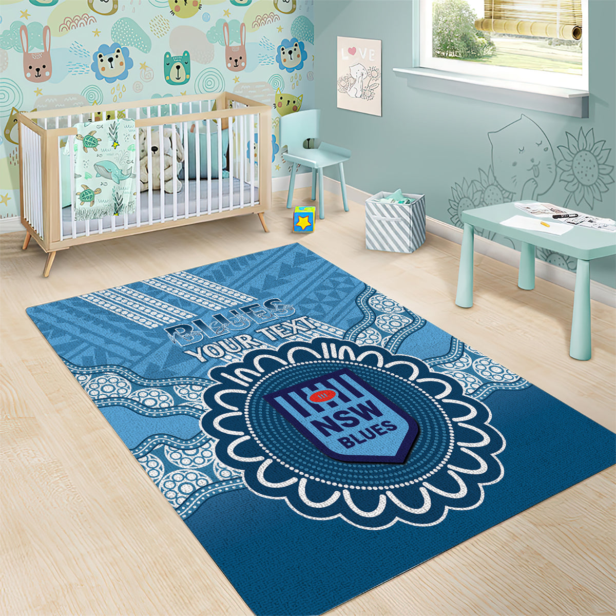 Custom NSW Blues Rugby Area Rug Aussie Aboriginal Mix Polynesian Pattern - Vibe Hoodie Shop